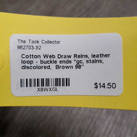 Cotton Web Draw Reins, leather loop - buckle ends *gc, stains, discolored
