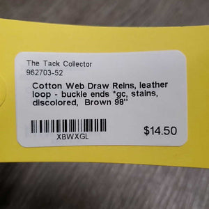 Cotton Web Draw Reins, leather loop - buckle ends *gc, stains, discolored