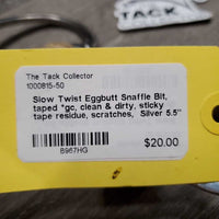 Slow Twist Eggbutt Snaffle Bit, taped *gc, clean & dirty, sticky tape residue, scratches
