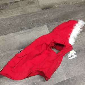 "North Pole" Winter Dog Coat, Hood, Fleece Trim *vgc, clean, hair, ?loose lining - curled edge