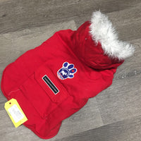 "North Pole" Winter Dog Coat, Hood, Fleece Trim *vgc, clean, hair, ?loose lining - curled edge