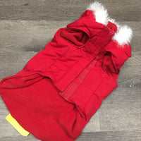 "North Pole" Winter Dog Coat, Hood, Fleece Trim *vgc, clean, hair, ?loose lining - curled edge
