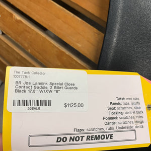 17.5" W/XW *6" BR Jos Lansink Special Close Contact Saddle, 2 Billet Guards, Lg Back Blocks, Wool Flocking, Rear Gusset Panels, Flaps: 14.5"L x 14.5"W Serial #: 154 064 17 1/2 W