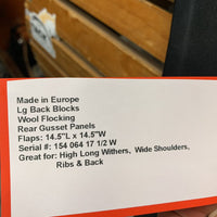 17.5" W/XW *6" BR Jos Lansink Special Close Contact Saddle, 2 Billet Guards, Lg Back Blocks, Wool Flocking, Rear Gusset Panels, Flaps: 14.5"L x 14.5"W Serial #: 154 064 17 1/2 W
