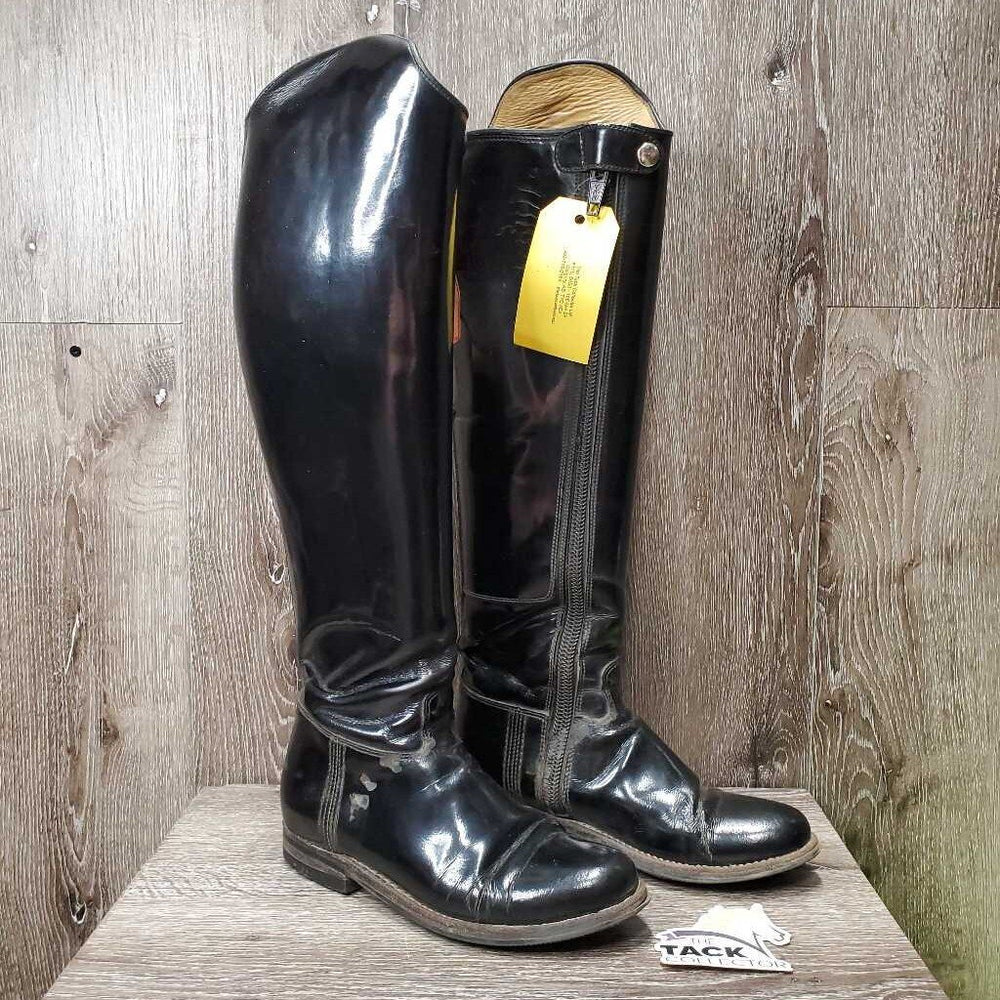 Patent Dress Boots, Brown Boot Bag *gc, older, rubs, peeled, creases, Zips: gunky & threads