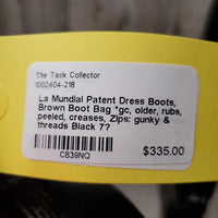 Patent Dress Boots, Brown Boot Bag *gc, older, rubs, peeled, creases, Zips: gunky & threads
