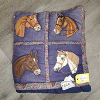 Quilt Travel Pillow/Blanket, four horse heads *gc, older, faded, hairy
