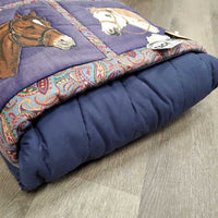 Quilt Travel Pillow/Blanket, four horse heads *gc, older, faded, hairy
