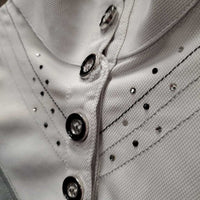 SS Polo Show Shirt, 1/4 Button Up, attached Button Collar *gc/fair, snags, dingy, inner stains, missing bling
