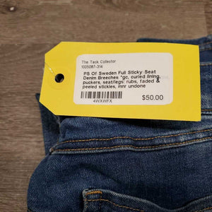 Full Sticky Seat Denim Breeches *gc, curled lining, puckers, seat/legs: rubs, faded & peeled stickies, mnr undone stitching