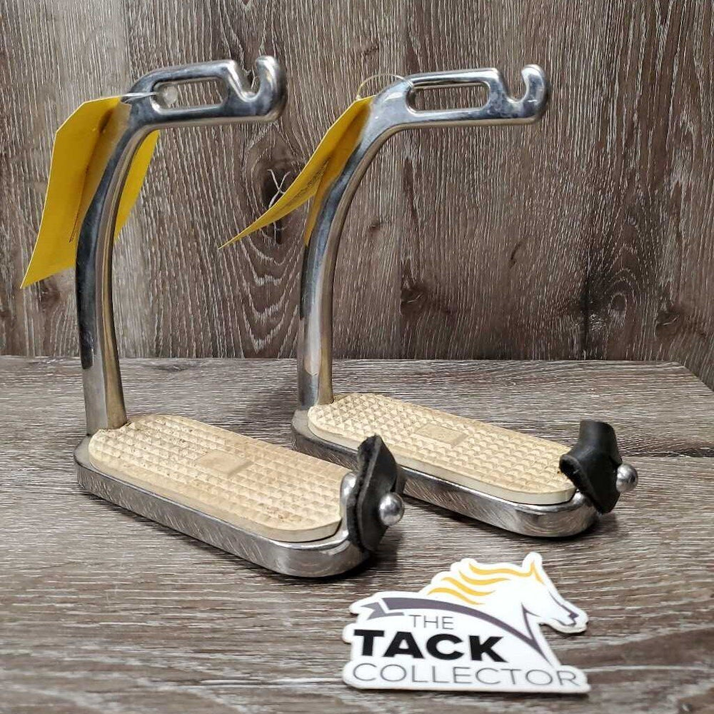 Hvy Peacock Safety Stirrups, grips, leather keepers *gc, NO elastics, clean & mnr dirt/residue, scuffs, scratches