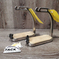 Hvy Peacock Safety Stirrups, grips, leather keepers *gc, NO elastics, clean & mnr dirt/residue, scuffs, scratches