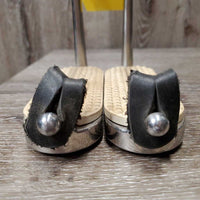 Hvy Peacock Safety Stirrups, grips, leather keepers *gc, NO elastics, clean & mnr dirt/residue, scuffs, scratches
