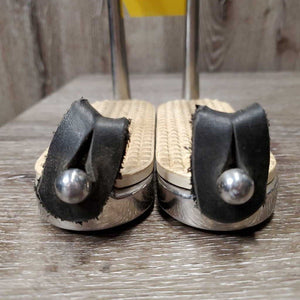 Hvy Peacock Safety Stirrups, grips, leather keepers *gc, NO elastics, clean & mnr dirt/residue, scuffs, scratches
