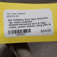 Euro Seat Breeches *gc, seam puckeres, stained/discolored seat & legs, stains, peeled stickies, lining pills & curled, undone seams
