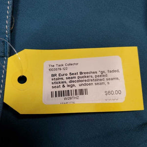 Euro Seat Breeches *gc, faded, stains, seam puckers, peeled stickies, discolored/stained seams, seat & legs, undoen seam, s