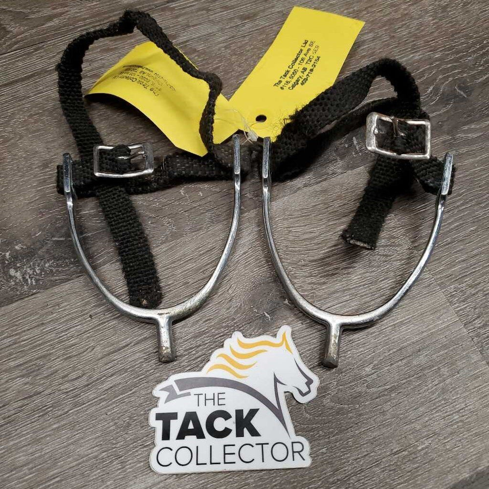 Light POW Spurs, braided Nylon Spur Straps *fair, oxidized, snags, frays, dirty, peeled, rubbed & widened