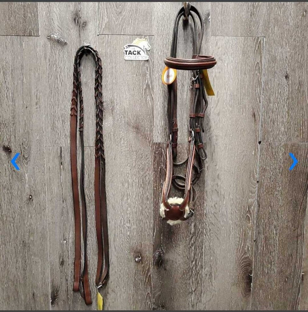 Rsd Padded Figure 8 Bridle, Braided Reins, 2x Charms *gc, clean & dirty, rubs, dry, discolored, mnr scrapes