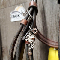 Rsd Padded Figure 8 Bridle, Braided Reins, 2x Charms *gc, clean & dirty, rubs, dry, discolored, mnr scrapes
