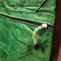 'Custom Made' Hvy Garment Bag, many pockets, dowel top & bottom, embroidered *vgc, clean, mnr residue?dirt, older?
