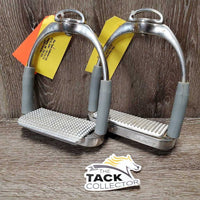 Pr Flexi Stirrup Irons, Adj Tops, 2 Grips: Wide & Reg *vgc, clean & mnr dirt?residue, scratches
