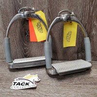 Pr Flexi Stirrup Irons, Adj Tops, 2 Grips: Wide & Reg *vgc, clean & mnr dirt?residue, scratches
