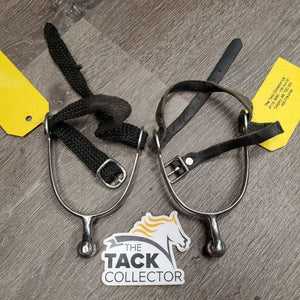 JUNIORS Pr Roller Ball Spurs, Leather & Braided Nylon Spur Straps *gc, mismatched, clean & mnr dirt