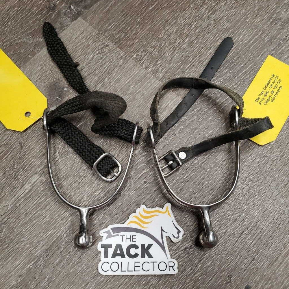 JUNIORS Pr Roller Ball Spurs, Leather & Braided Nylon Spur Straps *gc, mismatched, clean & mnr dirt