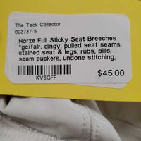 Full Sticky Seat Breeches *gc/fair, dingy, pulled seat seams, stained seat & legs, rubs, pills, seam puckers, undone stitching, peeled stickies