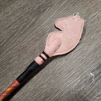 Sparkley Horse Head Riding Crop - Whip, ribbon wrapped, handle *gc, frayed, peeling horse head, mnr rubs, stains, & dust
