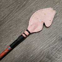 Sparkley Horse Head Riding Crop - Whip, ribbon wrapped, handle *gc, frayed, peeling horse head, mnr rubs, stains, & dust
