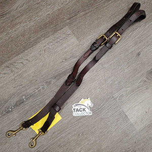 2 Short - Thick Leather & Elastic Side Reins *gc, older, scraped & dented edges, clean, dry, stiff, bent, residue, mnr rust