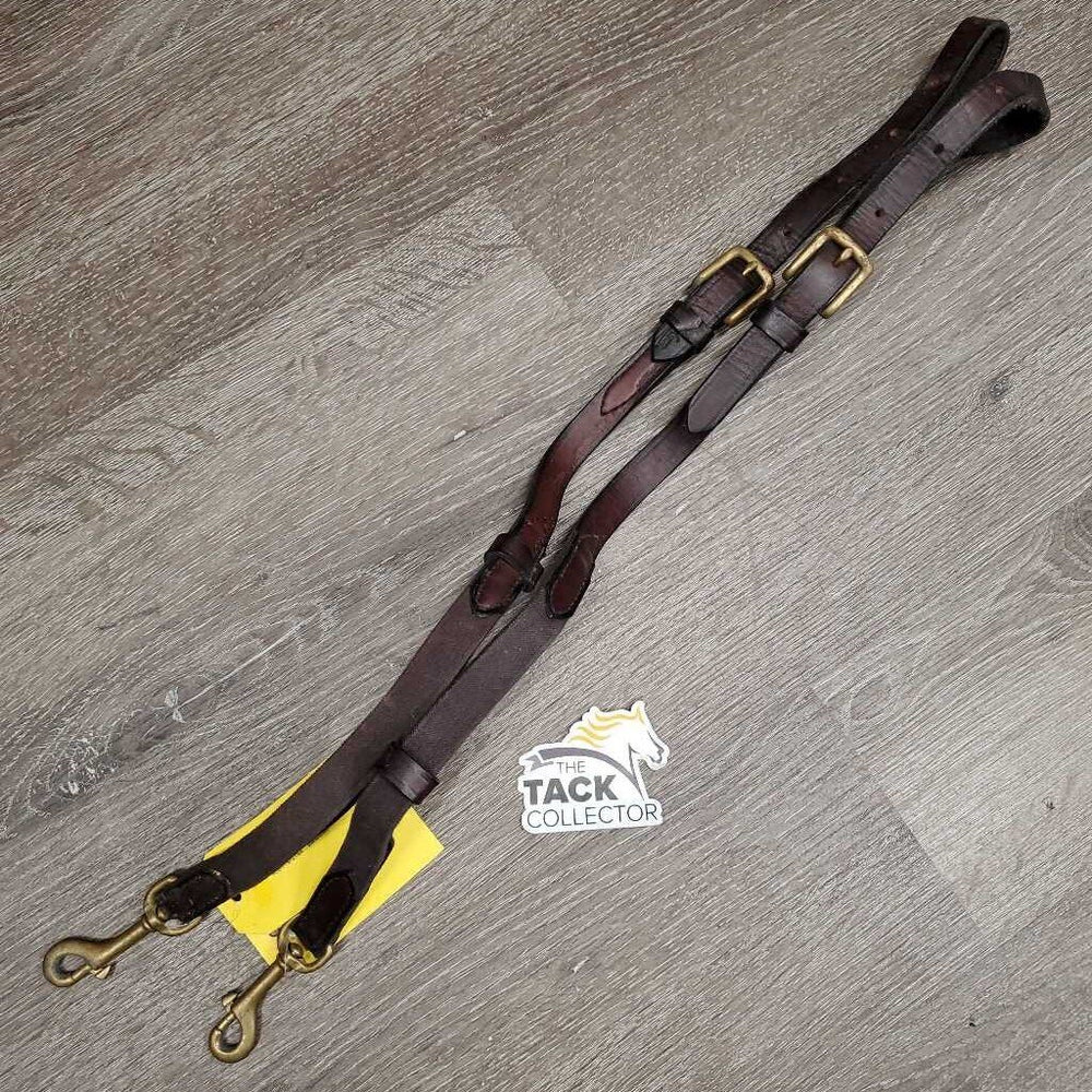 2 Short - Thick Leather & Elastic Side Reins *gc, older, scraped & dented edges, clean, dry, stiff, bent, residue, mnr rust