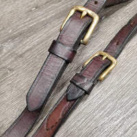 2 Short - Thick Leather & Elastic Side Reins *gc, older, scraped & dented edges, clean, dry, stiff, bent, residue, mnr rust