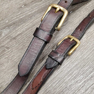 2 Short - Thick Leather & Elastic Side Reins *gc, older, scraped & dented edges, clean, dry, stiff, bent, residue, mnr rust