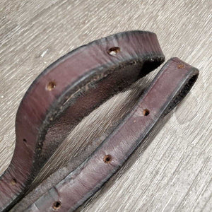 2 Short - Thick Leather & Elastic Side Reins *gc, older, scraped & dented edges, clean, dry, stiff, bent, residue, mnr rust
