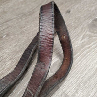 2 Short - Thick Leather & Elastic Side Reins *gc, older, scraped & dented edges, clean, dry, stiff, bent, residue, mnr rust