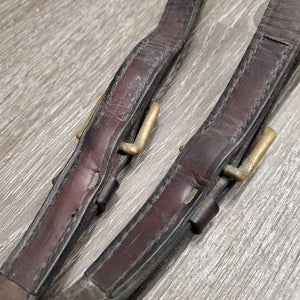 2 Short - Thick Leather & Elastic Side Reins *gc, older, scraped & dented edges, clean, dry, stiff, bent, residue, mnr rust