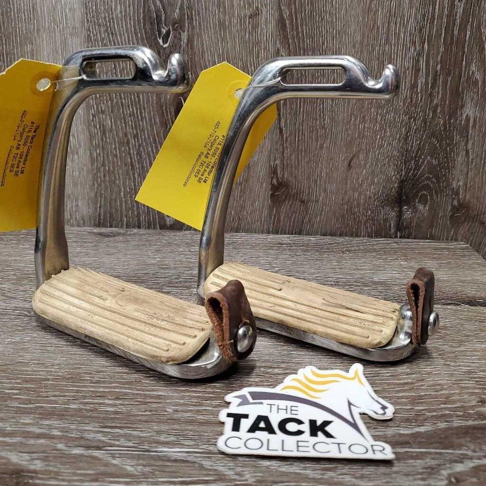 Pr Peacock Safety Stirrup Irons, grips, 2 leather keepers *gc, clean & dirty, stains, NO elastics, scuffs, scratches