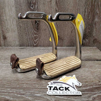 Pr Peacock Safety Stirrup Irons, grips, 2 leather keepers *gc, clean & dirty, stains, NO elastics, scuffs, scratches
