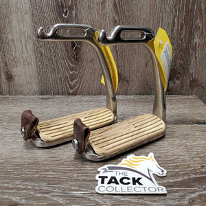 Pr Peacock Safety Stirrup Irons, grips, 2 leather keepers *gc, clean & dirty, stains, NO elastics, scuffs, scratches