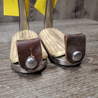 Pr Peacock Safety Stirrup Irons, grips, 2 leather keepers *gc, clean & dirty, stains, NO elastics, scuffs, scratches
