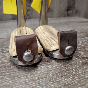Pr Peacock Safety Stirrup Irons, grips, 2 leather keepers *gc, clean & dirty, stains, NO elastics, scuffs, scratches
