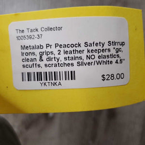 Pr Peacock Safety Stirrup Irons, grips, 2 leather keepers *gc, clean & dirty, stains, NO elastics, scuffs, scratches