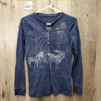 LS Cotton T Shirt, horse print, 1/2 Button Up *gc, clean, faded?, rubs
