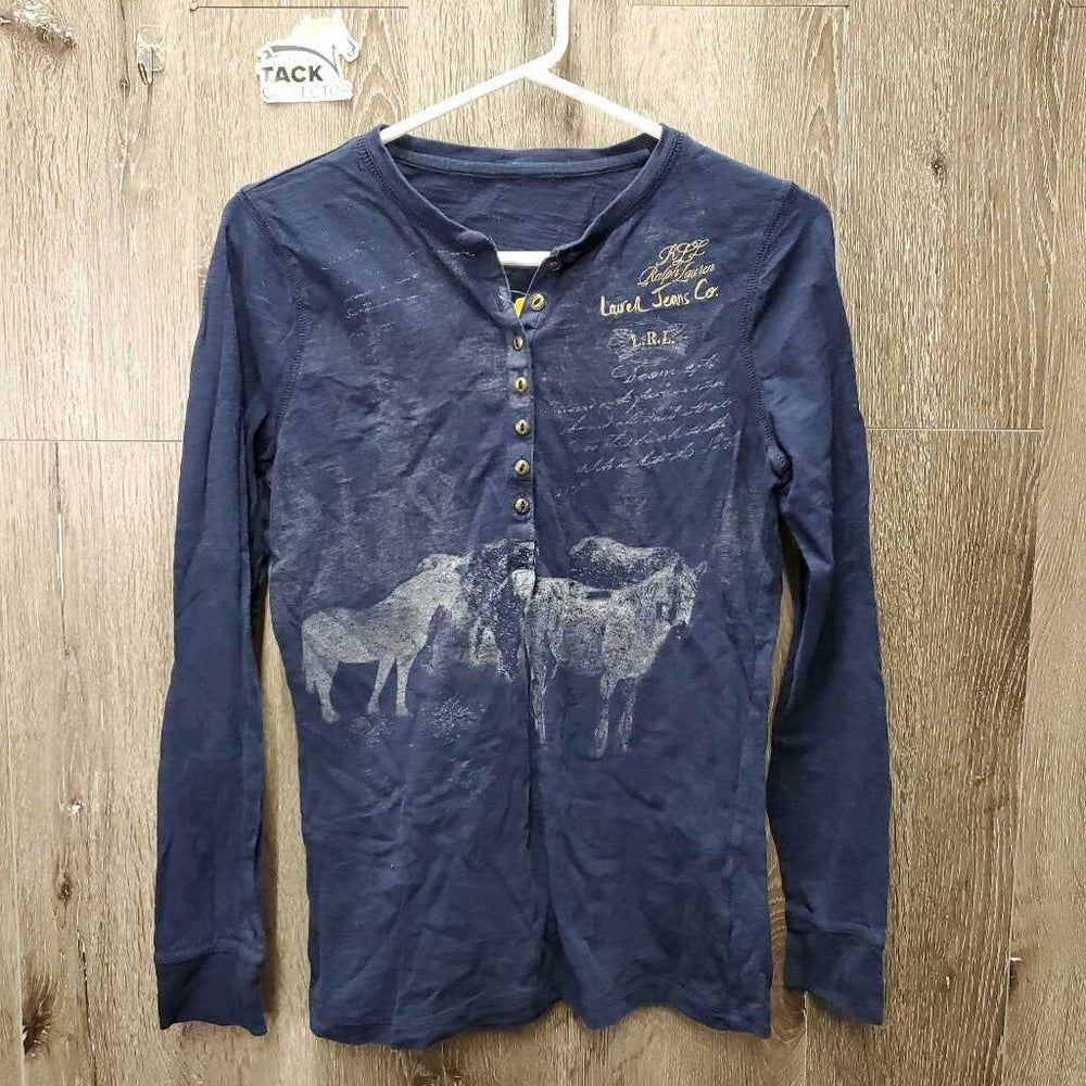 LS Cotton T Shirt, horse print, 1/2 Button Up *gc, clean, faded?, rubs