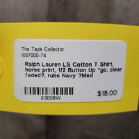 LS Cotton T Shirt, horse print, 1/2 Button Up *gc, clean, faded?, rubs