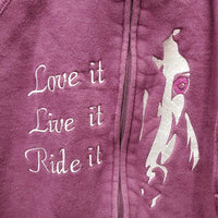 Hvy Sweatshirt Hoodie Jacket, "Love it, Live it, Ride it" *vgc, mnr fading, shrunk?, mnr threads
