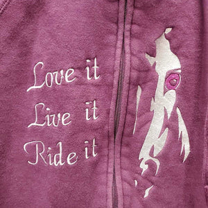 Hvy Sweatshirt Hoodie Jacket, "Love it, Live it, Ride it" *vgc, mnr fading, shrunk?, mnr threads