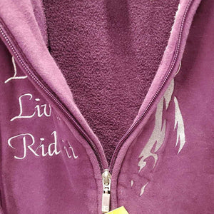 Hvy Sweatshirt Hoodie Jacket, "Love it, Live it, Ride it" *vgc, mnr fading, shrunk?, mnr threads